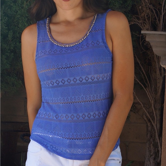 Blue see through sleeveless top w/ rhinestones Size S - Picture 2 of 4